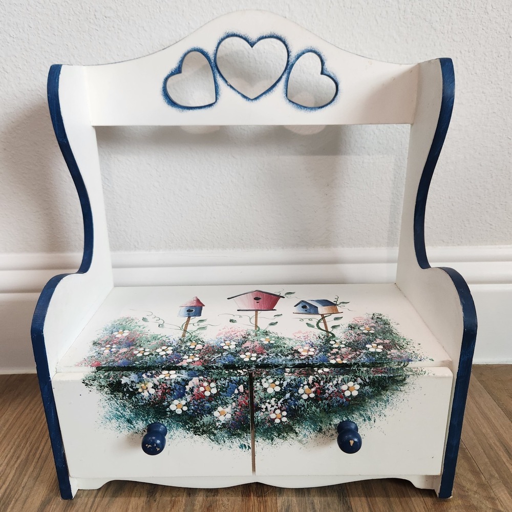 Cottagecore Blue Floral Birdhouse Design Heart Shelf Kitchen Counter Storage